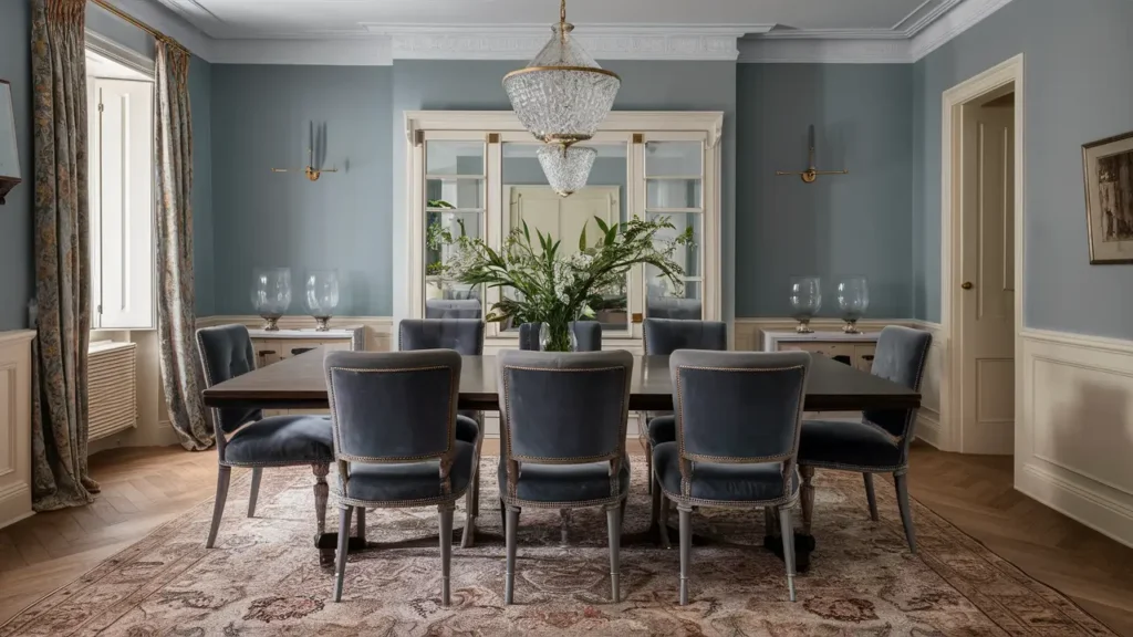 Sala de jantar elegante com mesa de madeira, cadeiras de veludo azul, lustre de cristal e aparador de mármore.